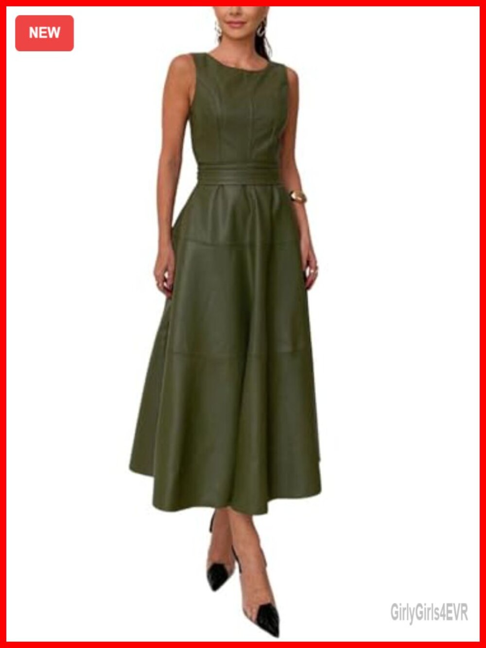 Faux Leather Sleeveless Long Dress with Belt